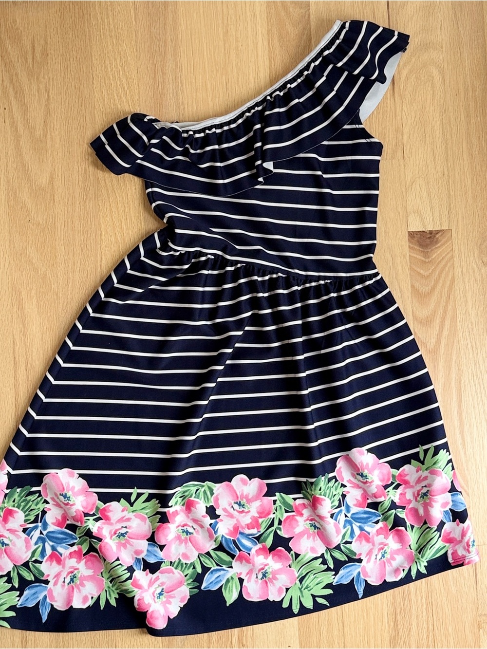 Abercrombie Kids Girls Navy Stripe Floral One Shoulder Ruffle Dress Size M 12